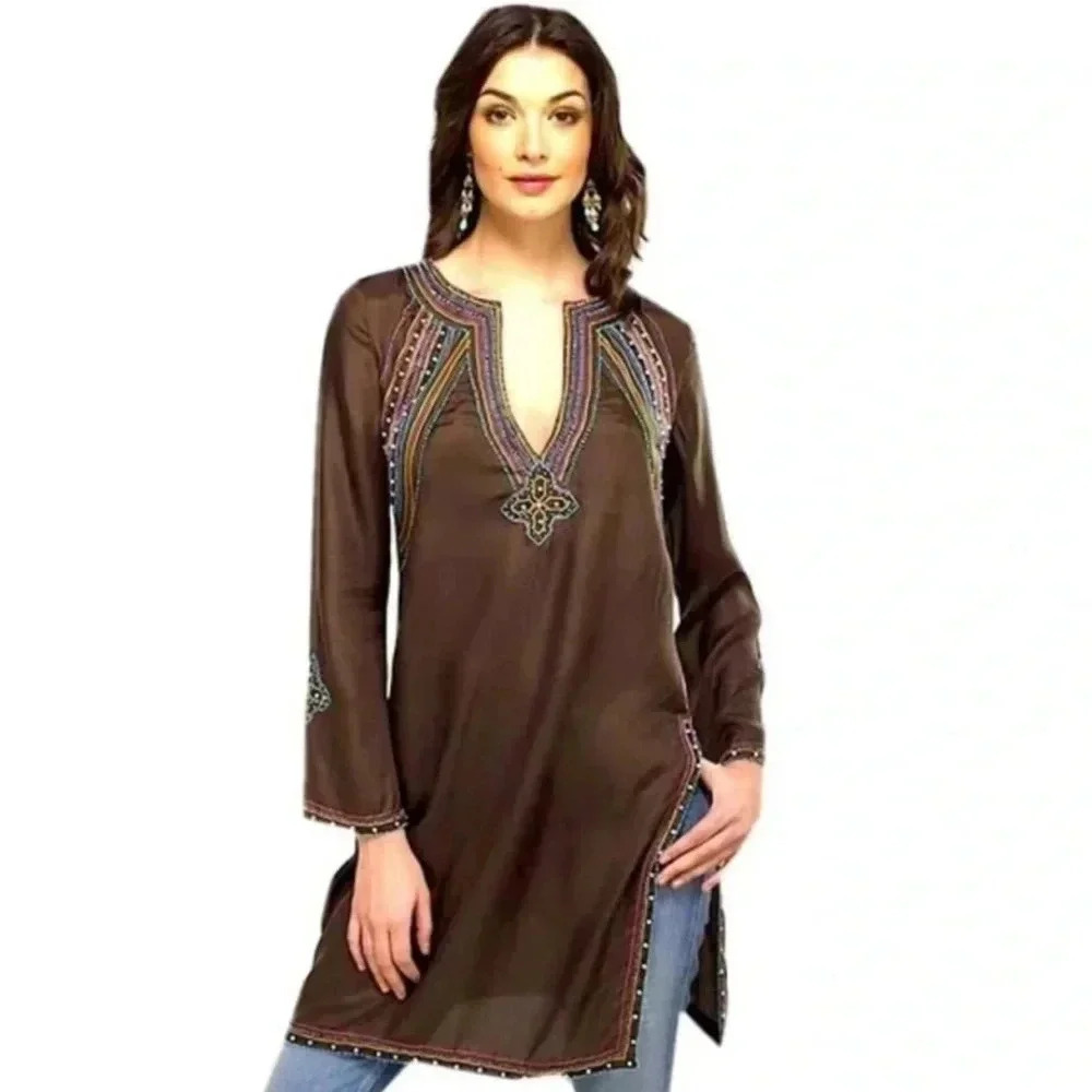 Vintage BCBG MaxAzria Silk Boho Tunic with beading in size XS